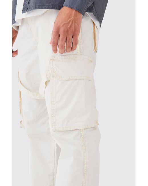 BoohooMAN White Fixed Waist Overdye Strap Detail Straight Leg Trousers for men