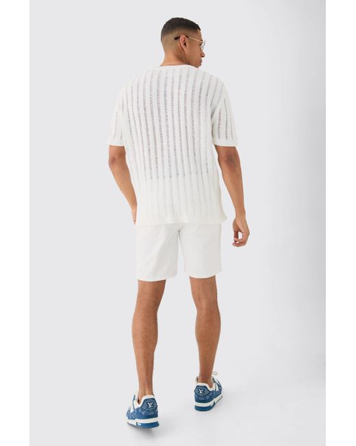 BoohooMAN Oversized Open Ladder Stitch Knitted T-shirt In White for men
