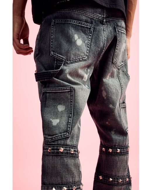 BoohooMAN Slim Rigid Flare Embellished Strap Detail Jeans In Charcoal in Blue für Herren