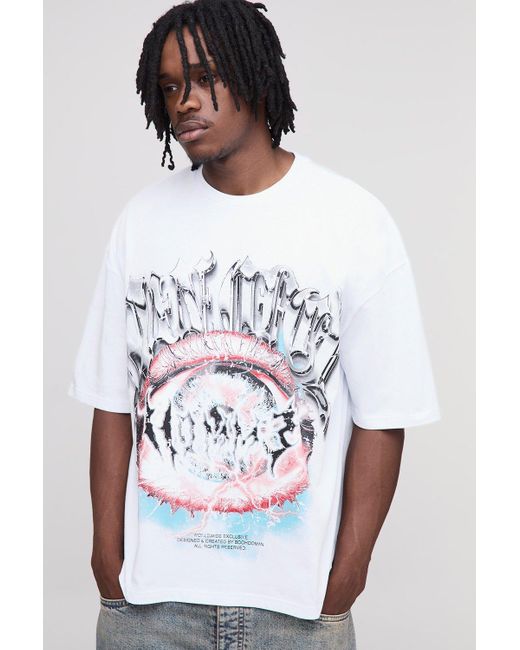 BoohooMAN White Tall Oversized Boxy Heavyweight Over The Seam Eye Printed T-Shirt for men