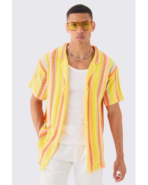 BoohooMAN Oversized Boxy Open Stitch 3d Knit Shirt In Yellow for men