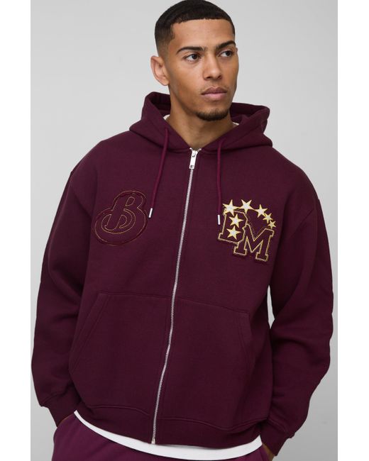 BoohooMAN Oversize Hoodie mit BM-Applikation und Reißverschluss in Purple für Herren