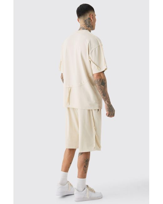 BoohooMAN Tall Oversized Extended Neck Distressed Seam T-shirt & Short Set in Natural für Herren