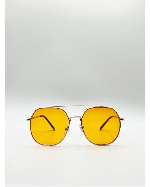 BoohooMAN Yellow Svnx Gold Rounded Aviator Style Sunglasses for men