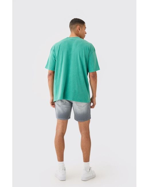 BoohooMAN Blue Relaxed Rigid Ripped Tinted Denim Shorts for men