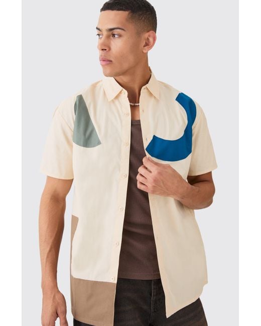 BoohooMAN Natural Short Sleeve Oversized Poplin Shapes Applique Shirt for men