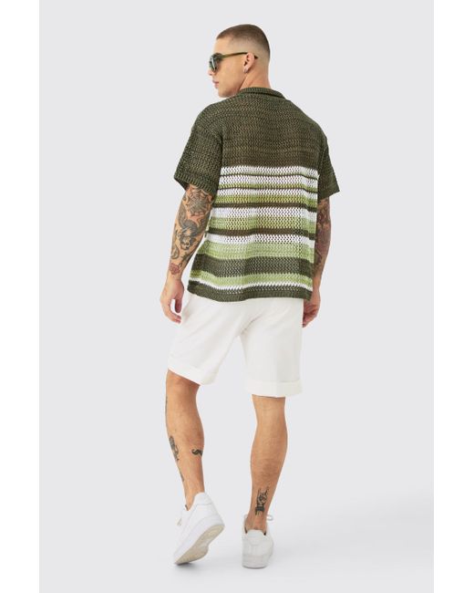 BoohooMAN Green Oversized Boxy Stripe Open Stitch Polo for men