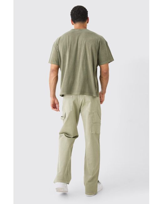 BoohooMAN Green Relaxed Overdye Carpenter Split Hem Pants for men