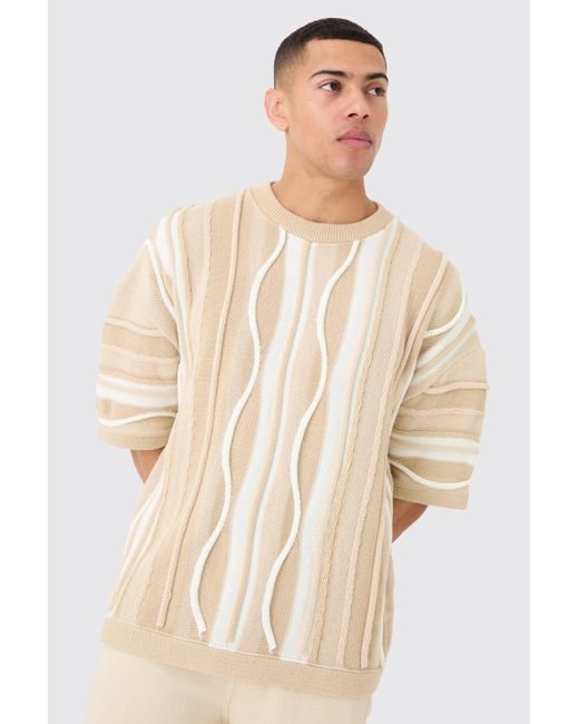 BoohooMAN Natural Oversized 3d Jacquard Knit T-shirt for men