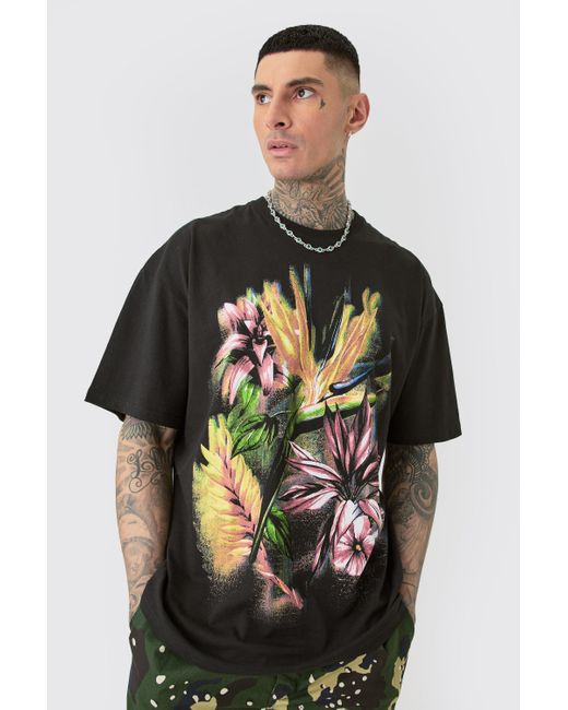 Boohoo Tall Oversized Multi Floral Print T-shirt In Black