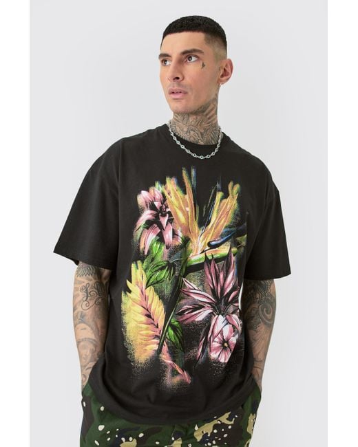 BoohooMAN Tall Oversized Multi Floral Print T-shirt In Black for men