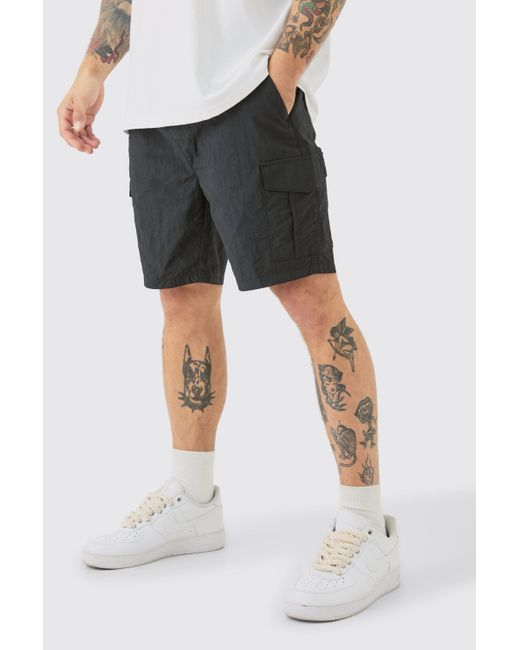 Boohoo Black Slim Fit Elasticated Waist Nylon Cargo Shorts