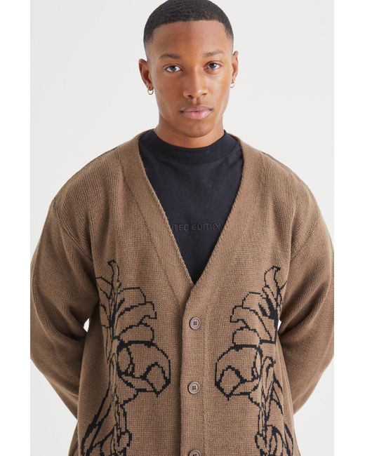 BoohooMAN Brown Relaxed Line Graphic Flower Cardigan for men