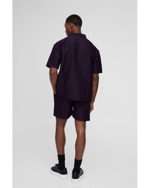 BoohooMAN Strukturiertes Oversize Hemd in Waffeloptik & lockere Shorts in Blue für Herren