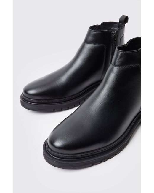 BoohooMAN Kunstleder-Stiefel mit Reißverschluss-Detail in Black für Herren