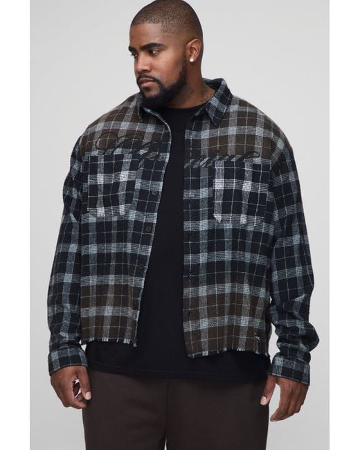 Plus Oversized Boxy Official Distressed Flannel Check Shirt Boohoo de color Gray