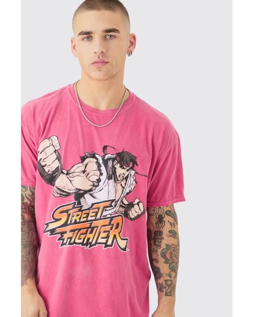 BoohooMAN Pink Oversized Street Fighter Wash License T-shirt for men
