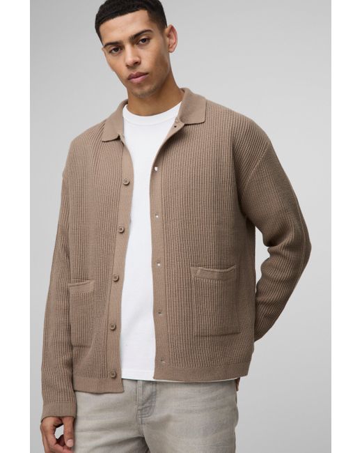Camisa Oversize Recta De Punto Y Canalé Con Bolsillo Boohoo de color Brown