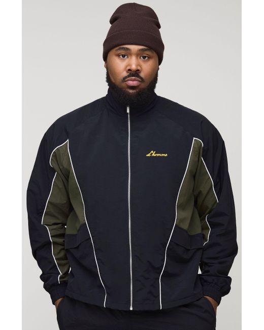 BoohooMAN Blue Plus Crinkle Nylon Panelled Regular Track Jacket for men