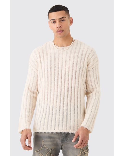 BoohooMAN White Oversized Boxy Open Stitch Ladder Detail Sweater In Ecru for men