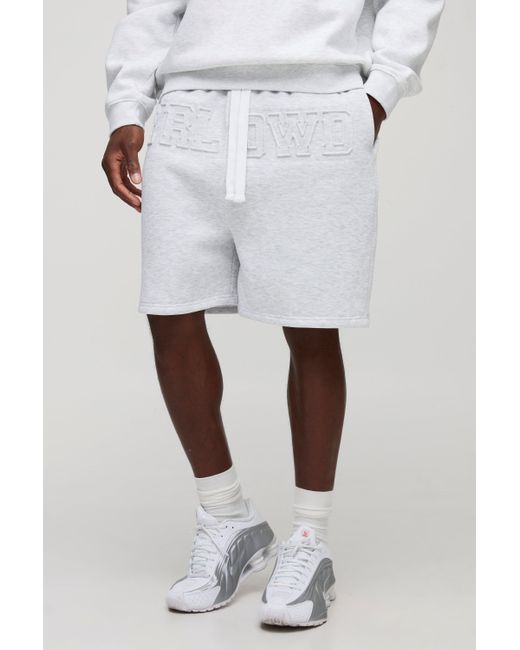 BoohooMAN White Oversized Worldwide Embossed Drop Crotch Shorts for men
