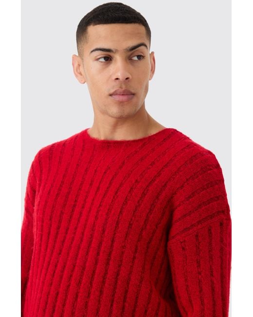 BoohooMAN Oversized Boxy Open Stitch Ladder Detail Sweater In Red for men