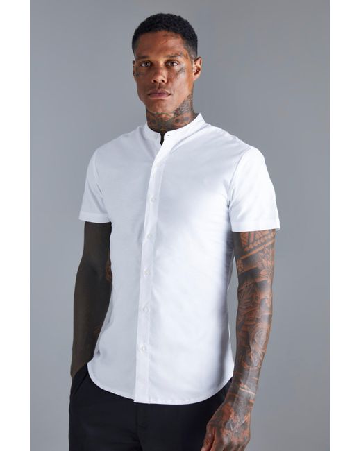 BoohooMAN White Short Sleeve Grandad Stretch Fit Shirt for men