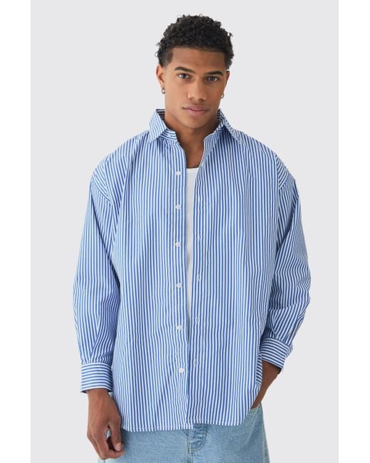 BoohooMAN Gestreiftes Oversize Hemd in Blau mit langen Ärmeln in Blue für Herren