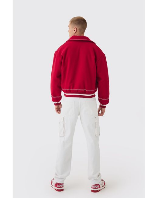 BoohooMAN Red Boxy Stitch Detail Melton Varsity Jacket for men