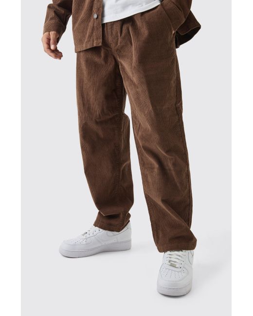 BoohooMAN Brown Skate Fit Woven Tab Cord Pants for men