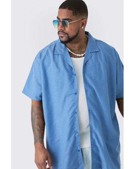 BoohooMAN Plus Linen Oversized Revere Shirt In Blue for men