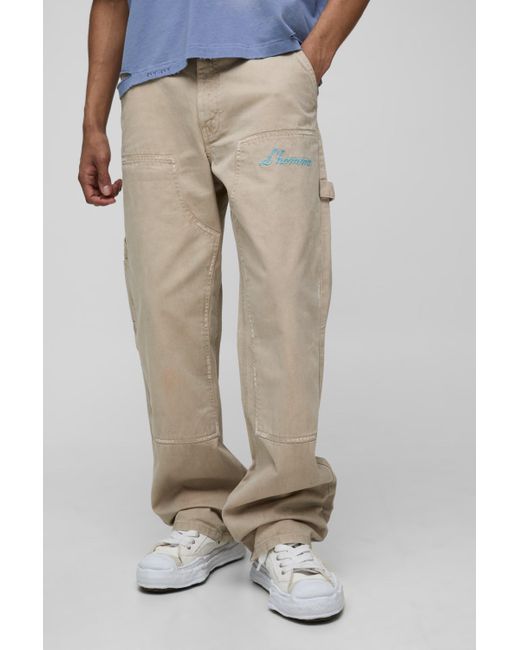 BoohooMAN Natural Relaxed Fit Vintage Overdye Carpenter Pants for men