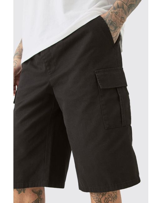 BoohooMAN Tall Elastic Waist Black Relaxed Fit Longer Length Cargo Shorts for men