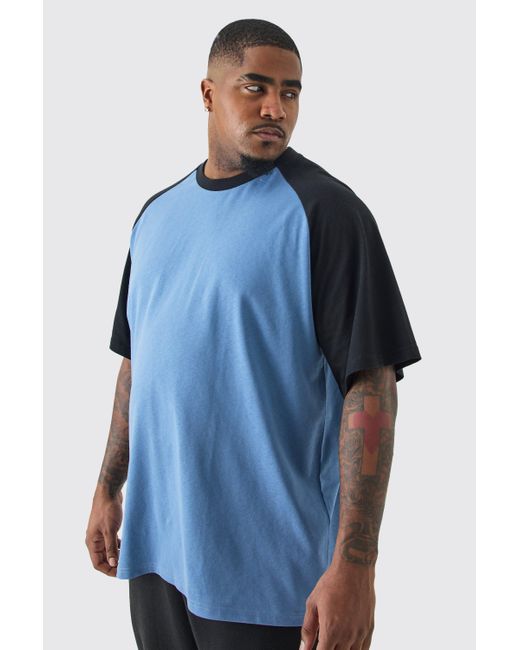 BoohooMAN Plus Raglan Detail Colour Block T-shirt In Blue for men