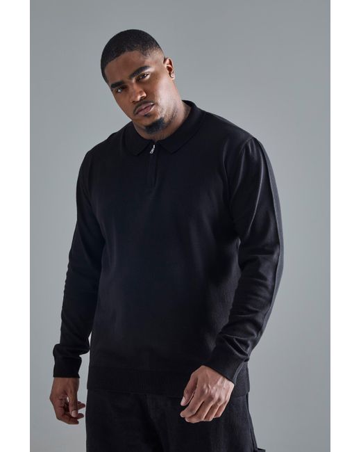 BoohooMAN Blue Plus Concealed Half Zip Knitted Polo In Black for men