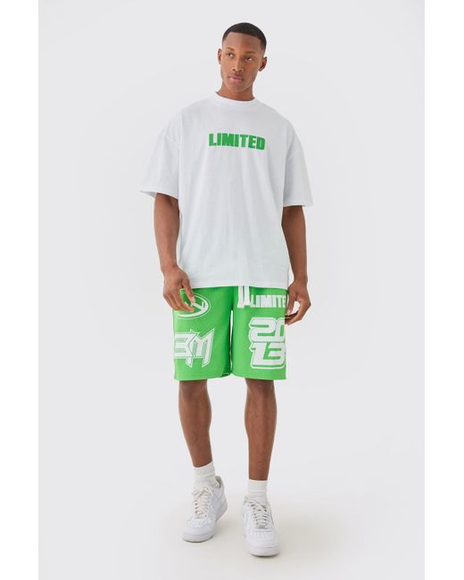 BoohooMAN Green Oversized Extended Neck Limited T-shirt & Mesh Shorts for men