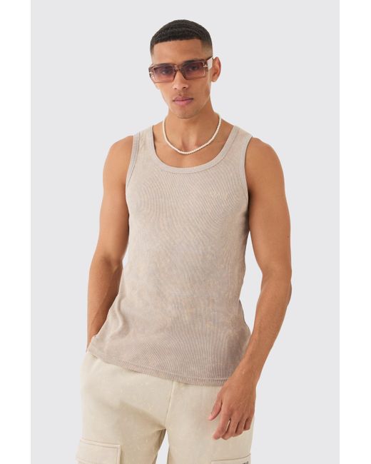 BoohooMAN Slim Acid Washed Man Ribbed Vest in Natural für Herren