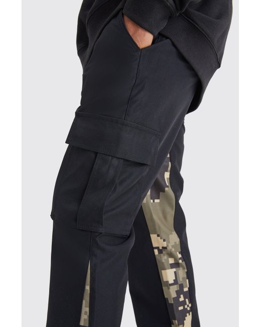 BoohooMAN Black Slim Flare Pixel Camo Gusset Cargo Trouser for men
