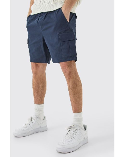 BoohooMAN Blue Elastic Waist Navy Slim Fit Cargo Shorts for men