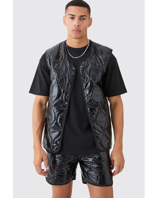 BoohooMAN Black Quilted Tank And Short Metallic Set for men