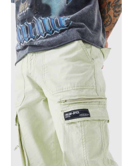 BoohooMAN Green Straight Leg Multi Zip Ripstop Cargo Trouser With Woven Tab for men