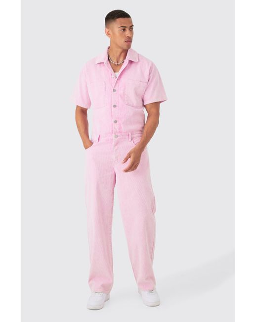 Relaxed Acid Wash Corduroy Boilersuit In Pink Boohoo