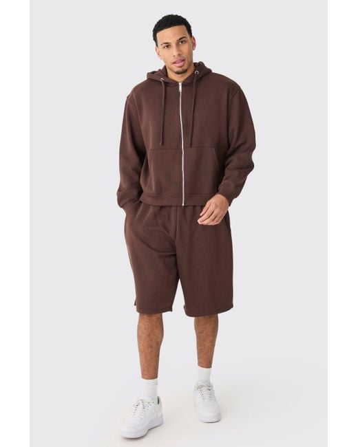 BoohooMAN Brown Oversized Boxy Zip Through Hoodie And Long Line Shorts Set for men
