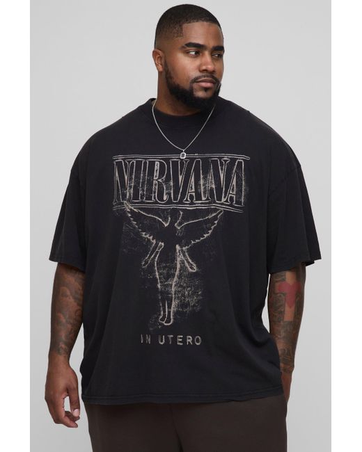 BoohooMAN Black Plus Oversized Nirvana License Acid Wash Print T-Shirt for men