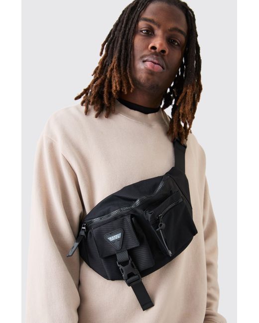 BoohooMAN Black Man Badge Nylon Bum Bag for men