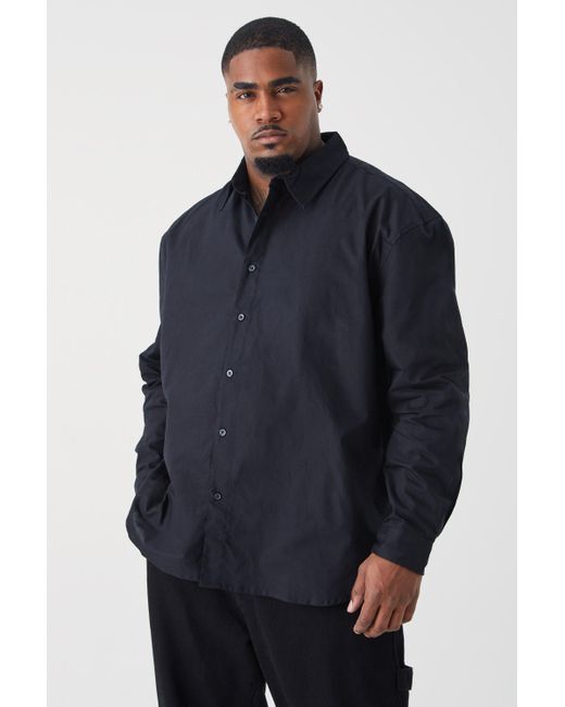 BoohooMAN Plus Size Relaxed Fit Long Sleeve Oxford Shirt in Blue