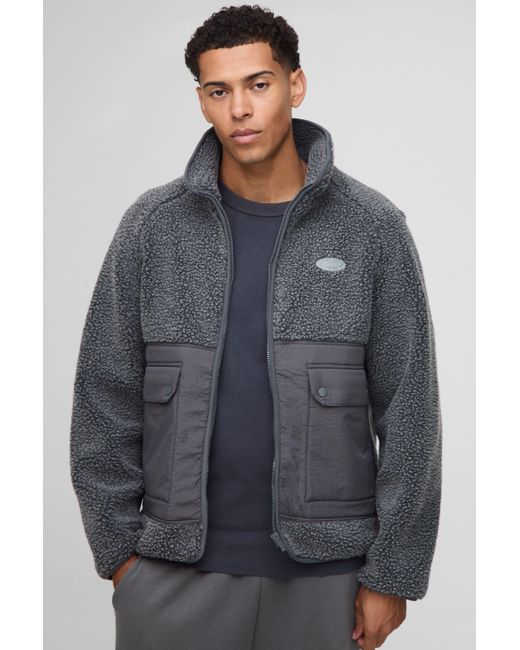 BoohooMAN Gray Regular Fit Two Tone Borg Nylon Mix Funnel Neck Zip Through Jacket for men