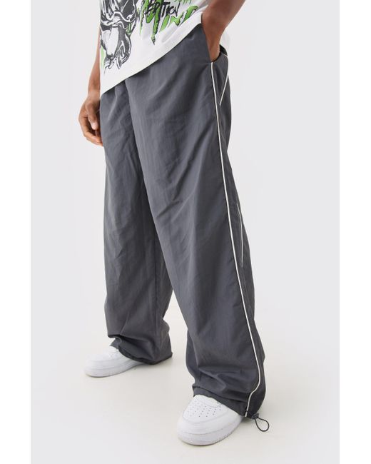 BoohooMAN Gray Elastic Waist Side Stripe Parachute Pants for men