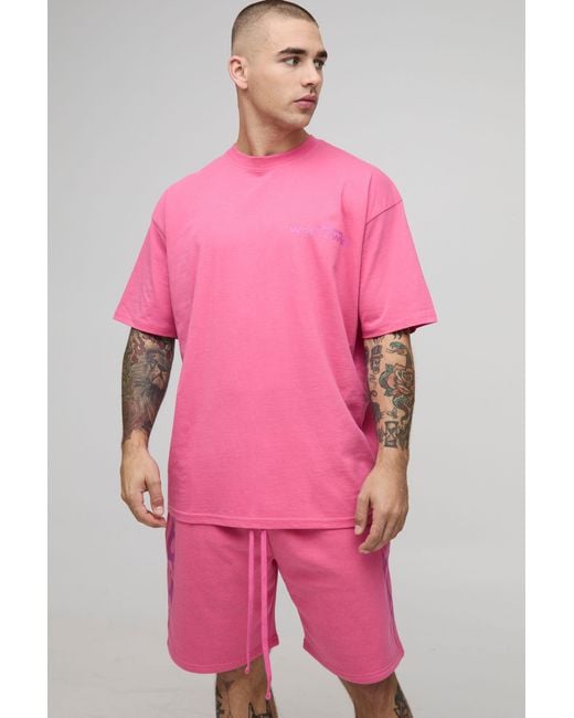 BoohooMAN Men's Pink Oversized Worldwide Graphic T-Shirt & Short Set