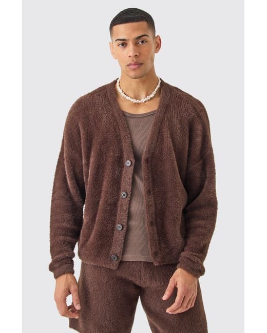 BoohooMAN Fluffy Knit Cardigan In Brown for men